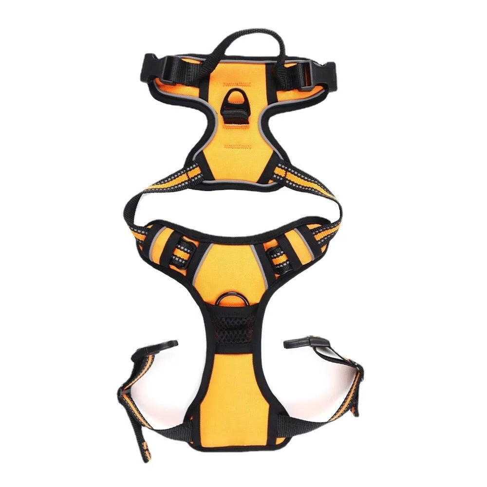 Adjustable dog chest strap harness in Oxford cloth, shown in various colours and sizes.