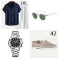 Casual loose short sleeve suit in cotton linen blend, shown in navy blue, with half sleeves and matching trousers.