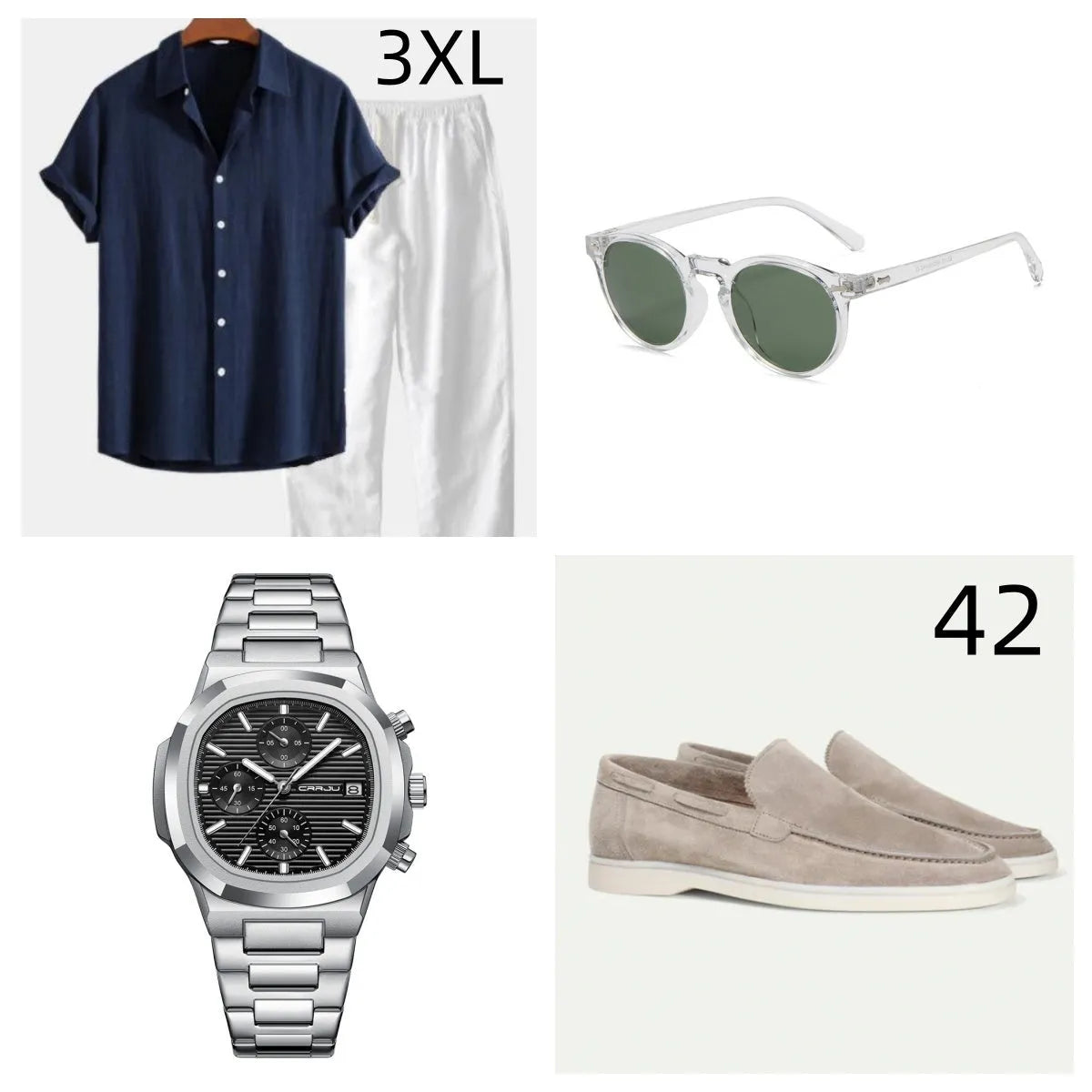 Casual loose short sleeve suit in cotton linen blend, shown in navy blue, with half sleeves and matching trousers.