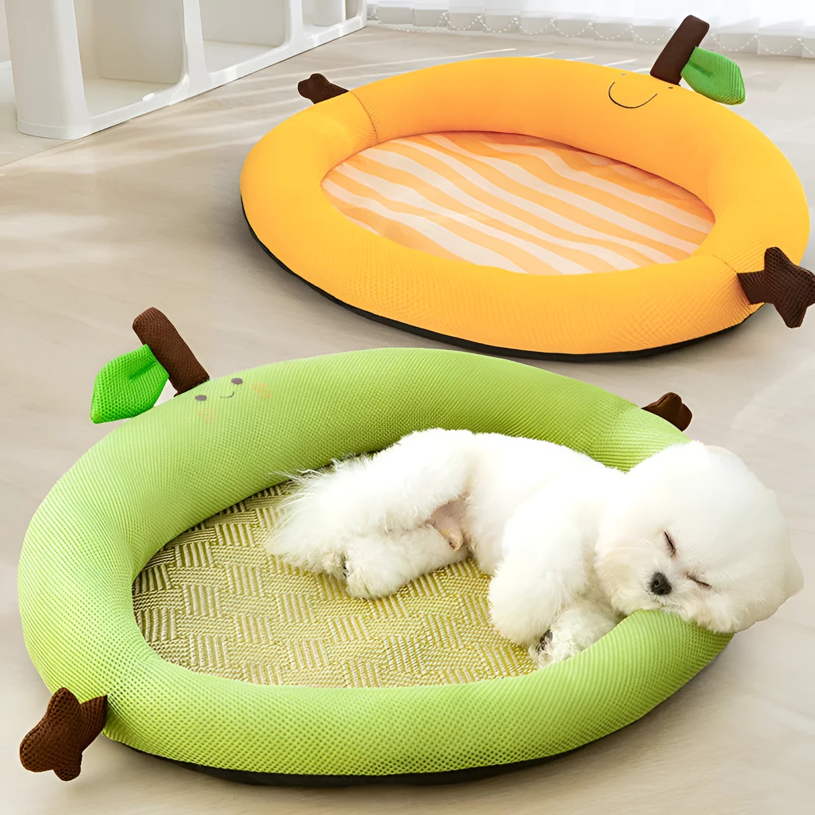 Green fruit backrest pet cooling mat in nest design for large dogs on wooden floor