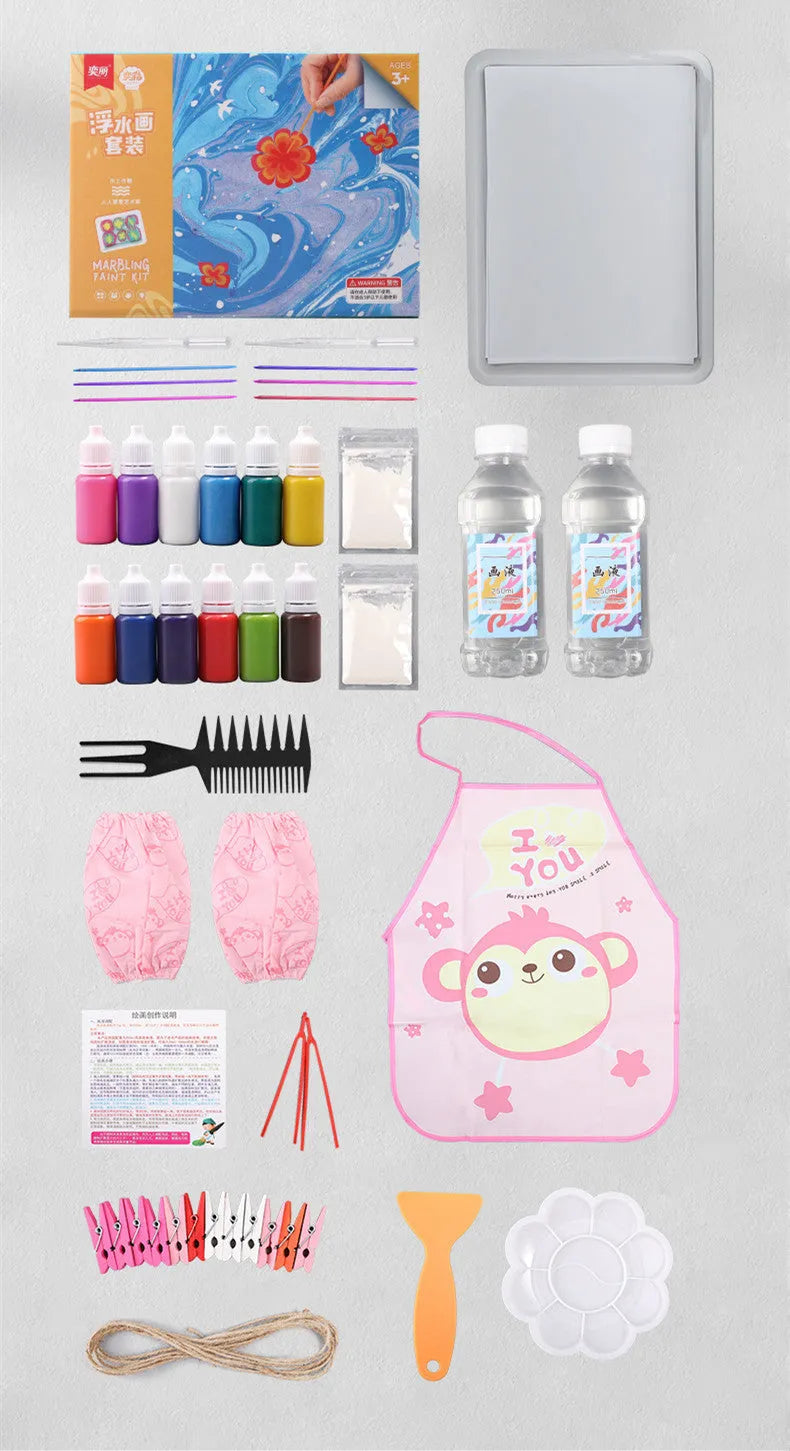 Hand painted doodle educational toys set with pigment bottles, painting liquid, drawing paper and stirring rods
