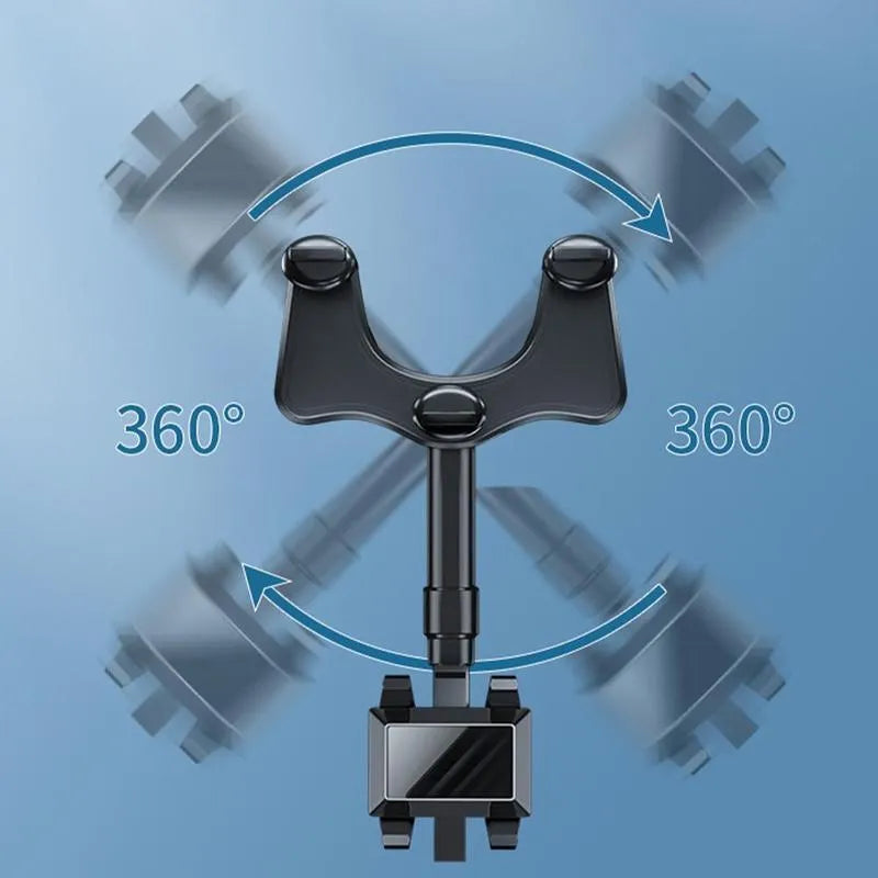 Black rearview mirror car phone holder showing 360-degree rotation and retractable arm extension.