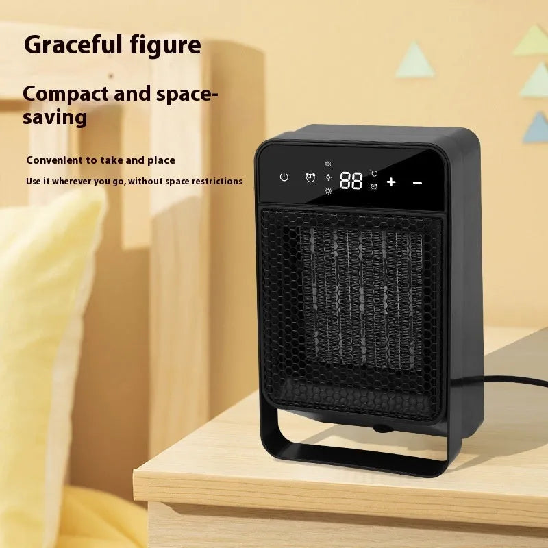 Black desktop electric heater with touch screen display and remote control on a wooden desk.