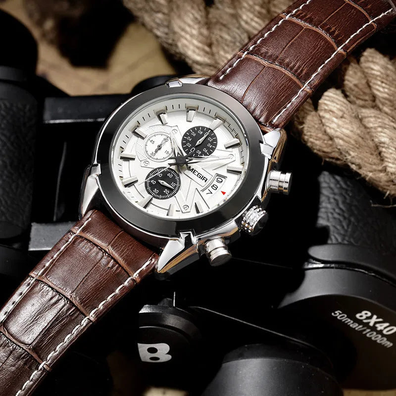 Men's multifunctional quartz watch with three-eye display and luminous hands in waterproof construction