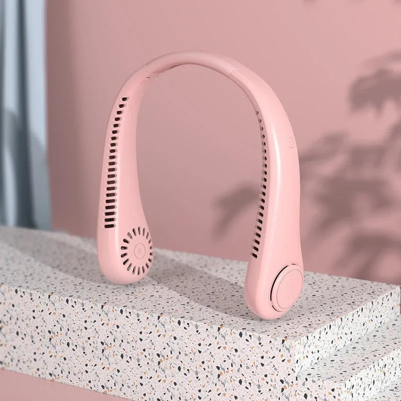 White USB rechargeable bladeless neck fan showing ergonomic neckband and compact fan unit