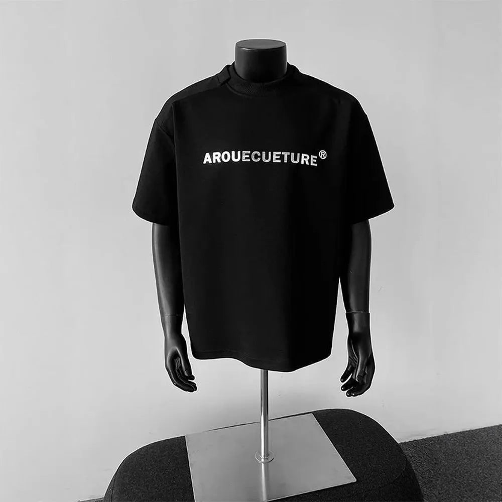 Men's white cotton short sleeve t-shirt with black printed letters, loose fit pullover style