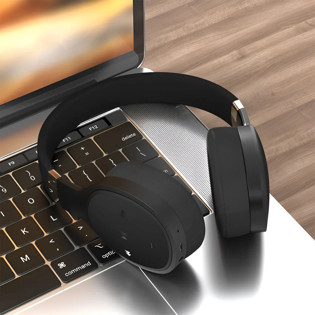 Folding wireless sports headphones in black, showing Bluetooth connectivity and compact stored size.