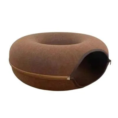 Natural felt donut cat tunnel bed in light grey with tunnel entrance 60x60x27cm