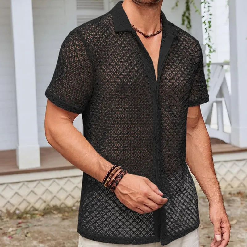 Men's short sleeve lapel shirt in cotton blend polyester fabric, available in milky white, white or black