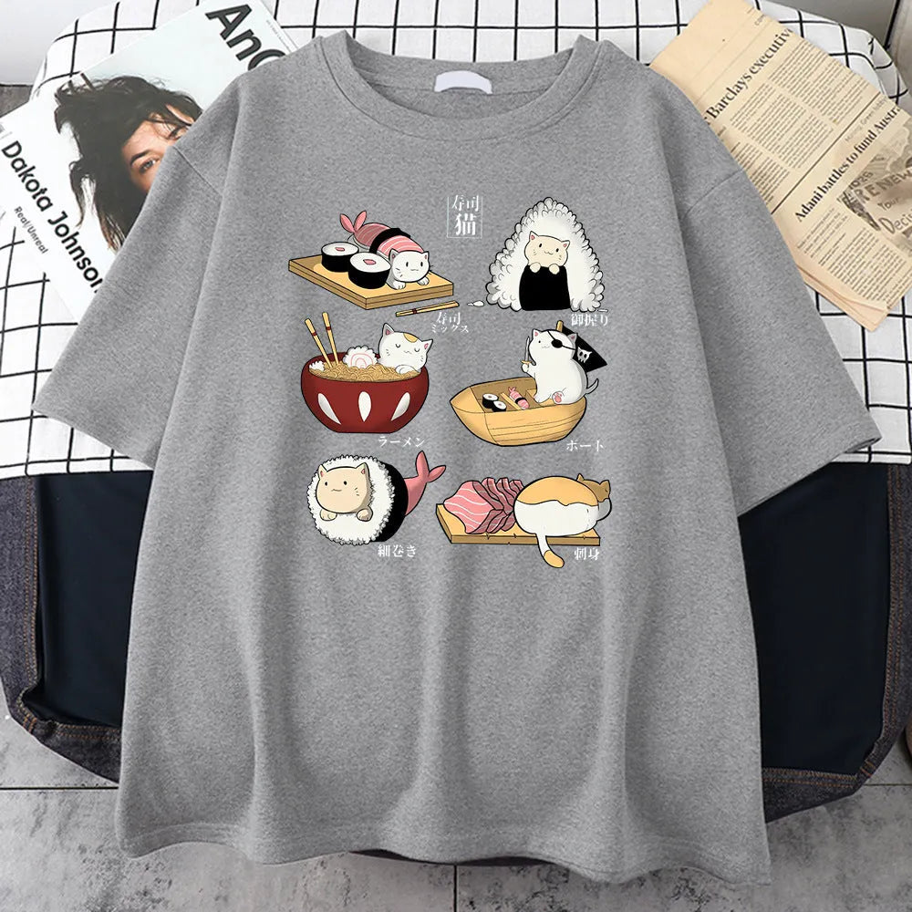 Men's black cotton t-shirt with cute cat sushi cartoon print, loose fit short sleeves