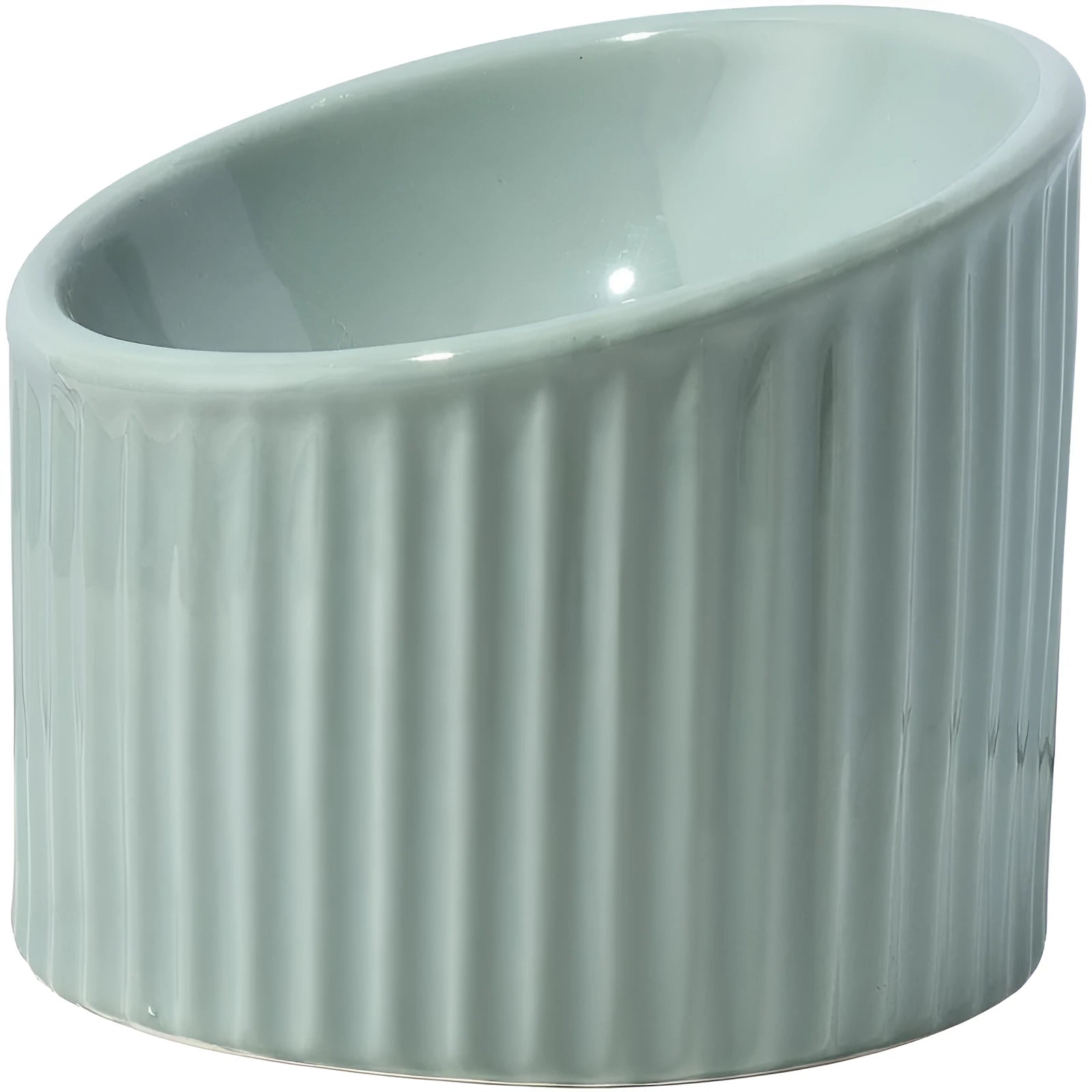Elevated ceramic cat bowl in light green colour with tilted round design for comfortable feeding