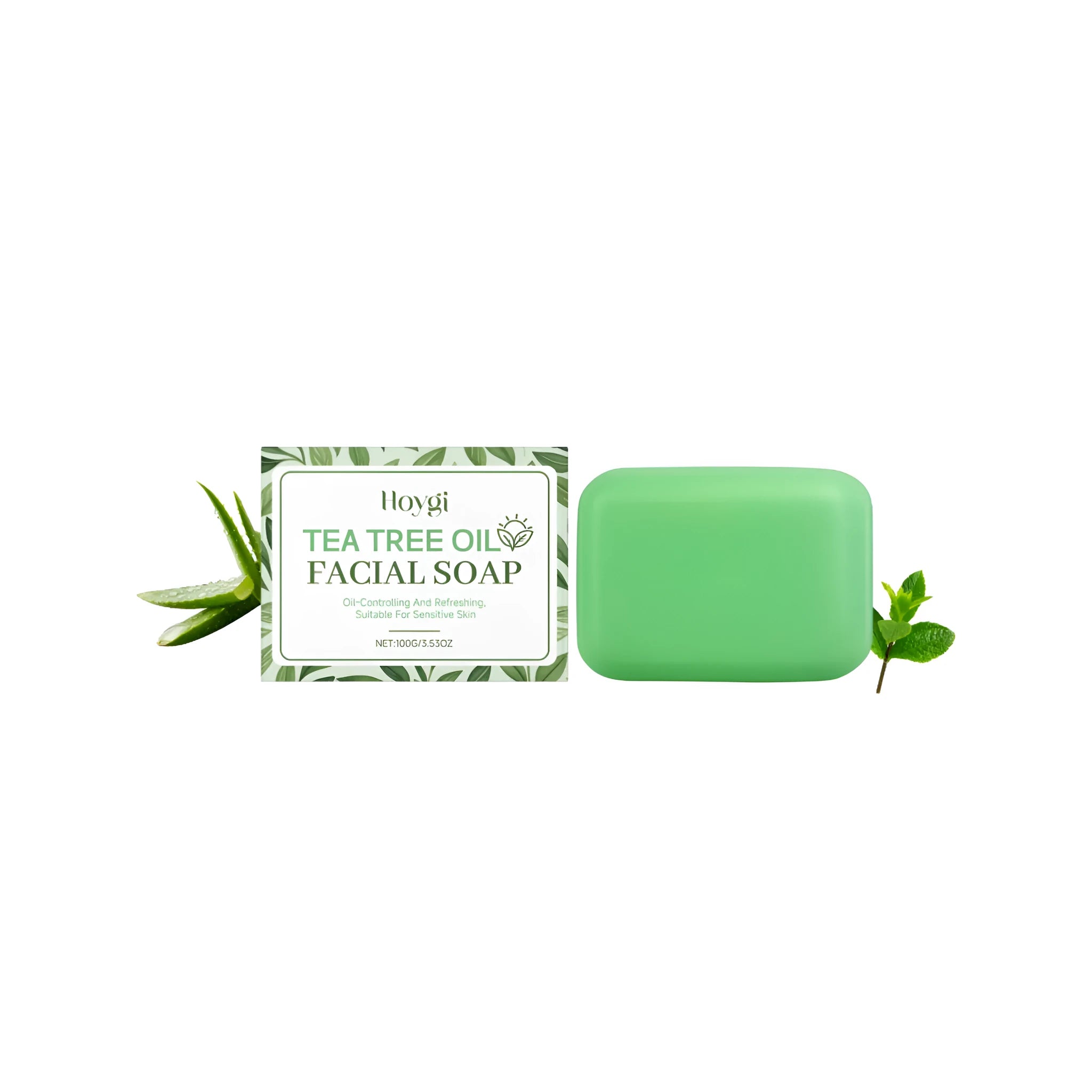 100g tea tree oil cleansing soap bar with natural ingredients including aloe extract and mint leaves