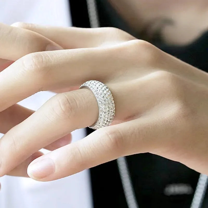 Titanium steel ring with diamond finish, U-shaped band, silver colour, starry sky style, ring size 10