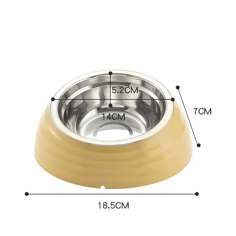 Stainless steel cat bowl with plastic base in light green, beige or brown colour