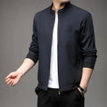 Men's Korean style loose lapel casual jacket in blue with zipper pockets.