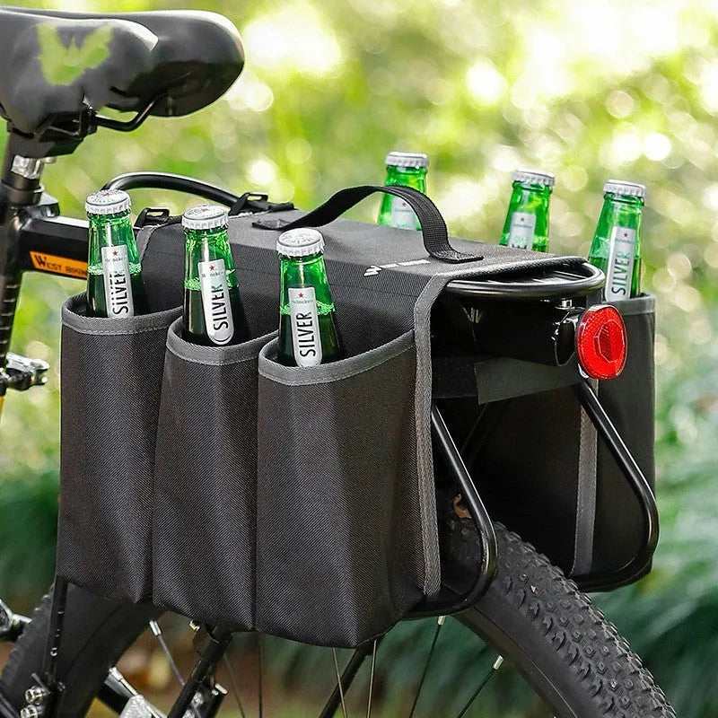 Black and orange bicycle handlebar bag for two drink bottles, made from 600D PVC material.