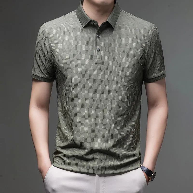 Rhombus thin ice silk short sleeve t-shirt in black on a hanger, showing slit hem detail.