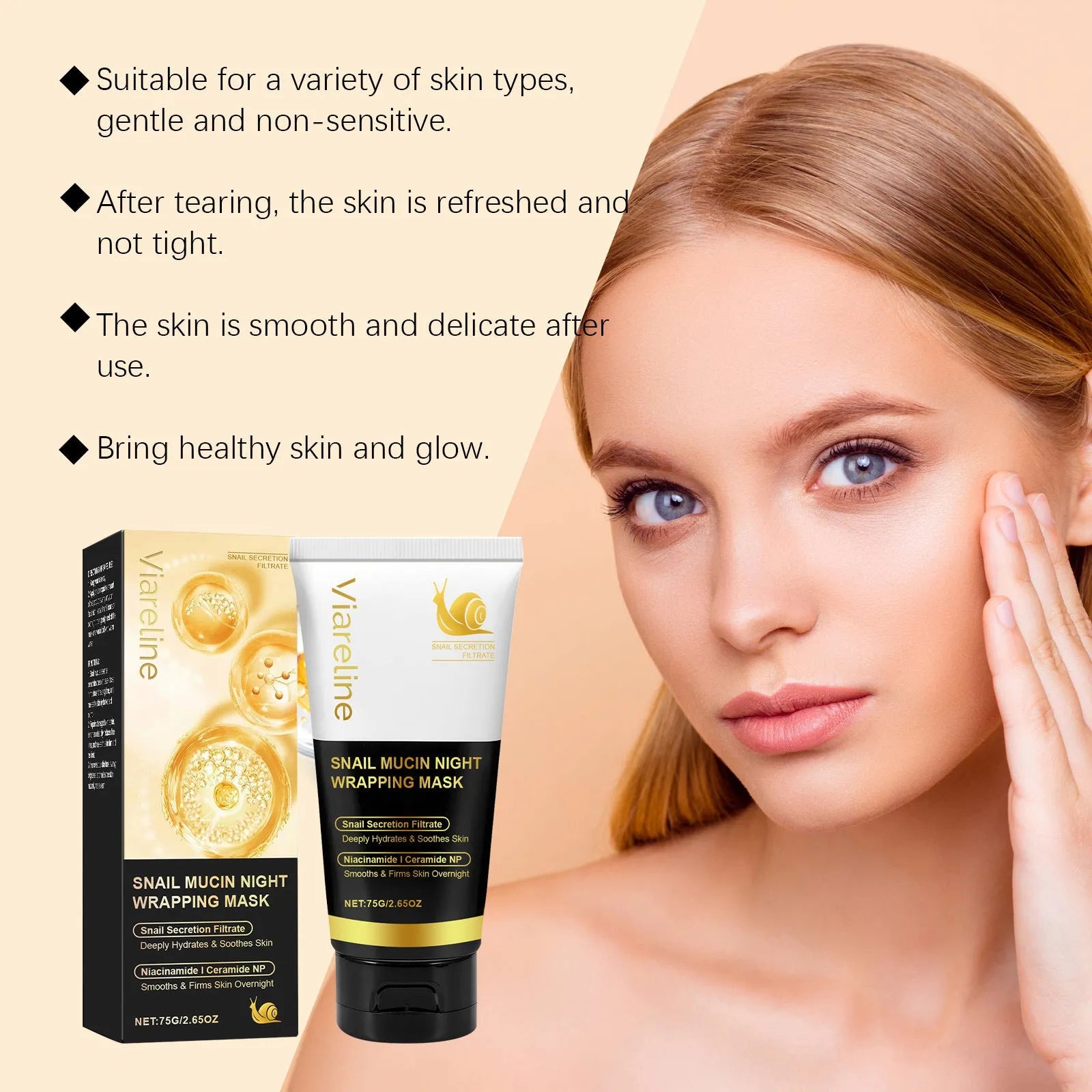 Single-use snail mucus tearing facial sheet mask with 75g of serum containing collagen and ceramide.