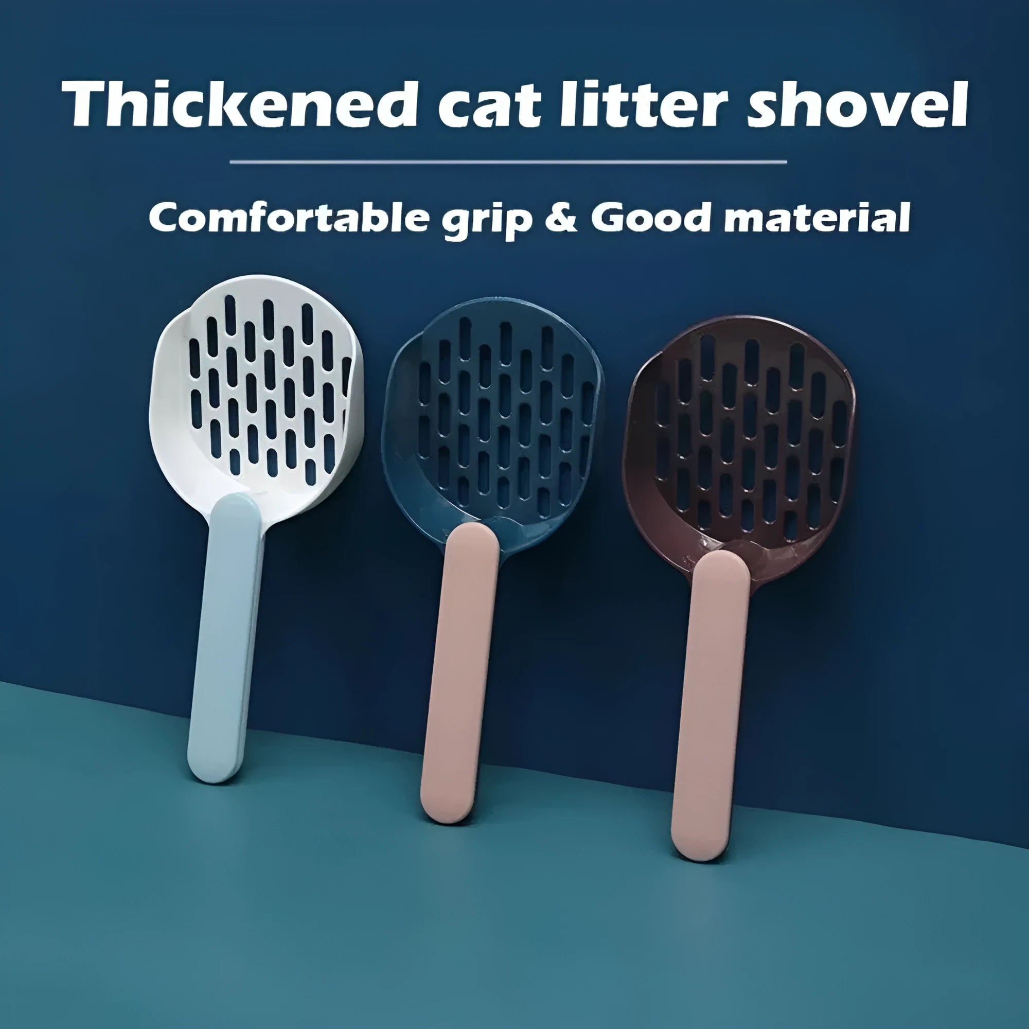 Blue plastic cat litter shovel on a white background showing its size and scoop shape.