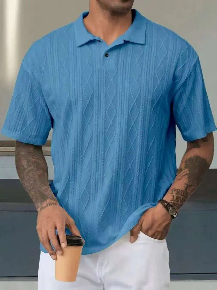 Men's retro button lapel short sleeve cotton blend T-shirt in loose knit, shown in Army Green.