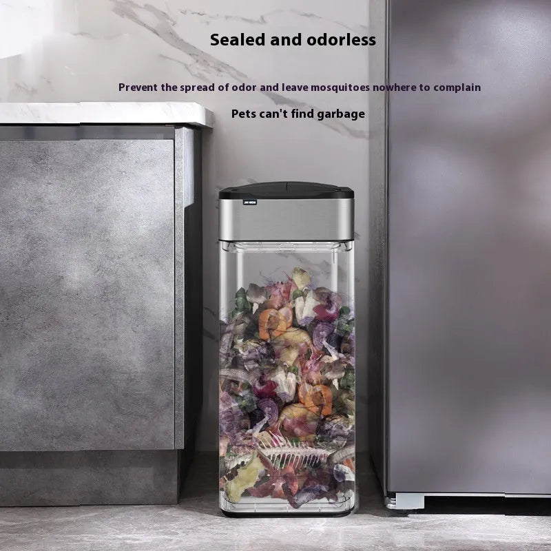 Stainless steel square smart trash can with induction sensor lid and deodoriser.
