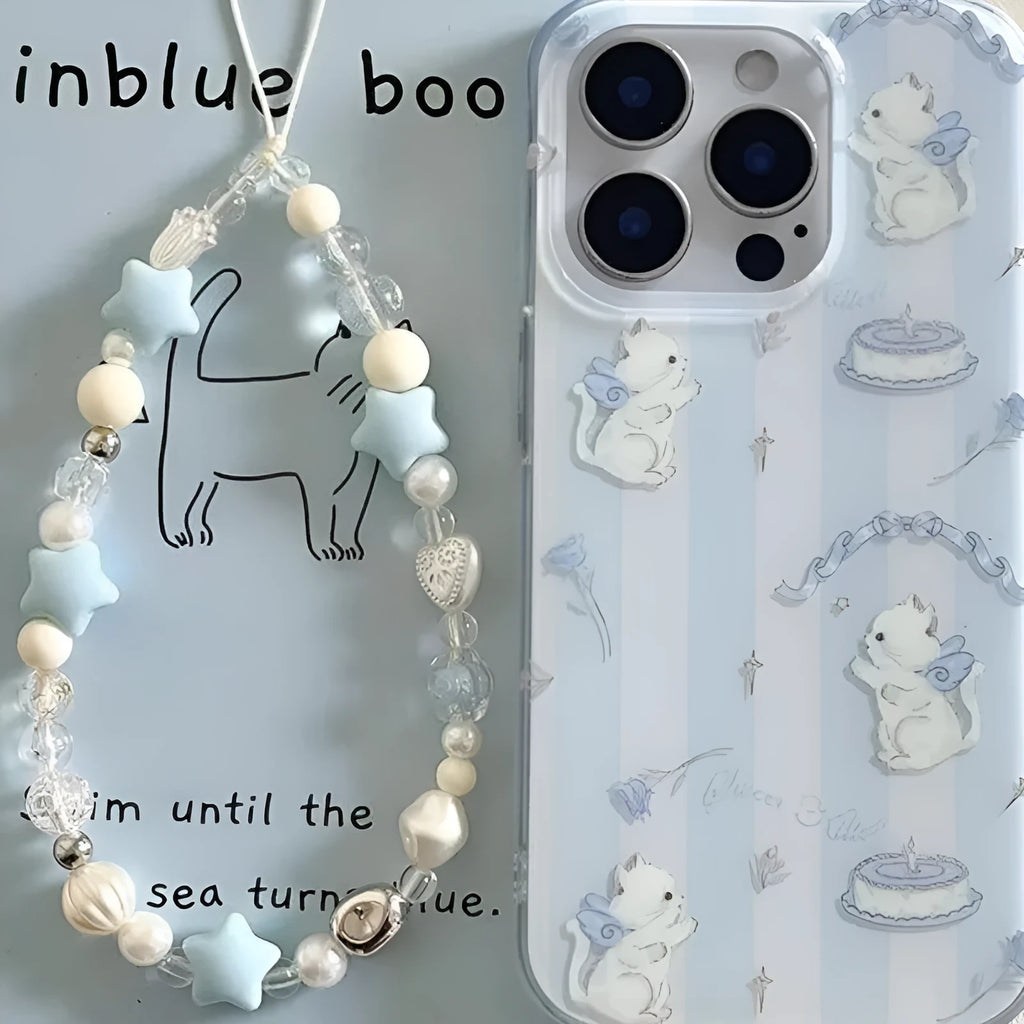 Blue and white striped PC phone case with cat lanyard for Apple iPhone, displaying fall protection design