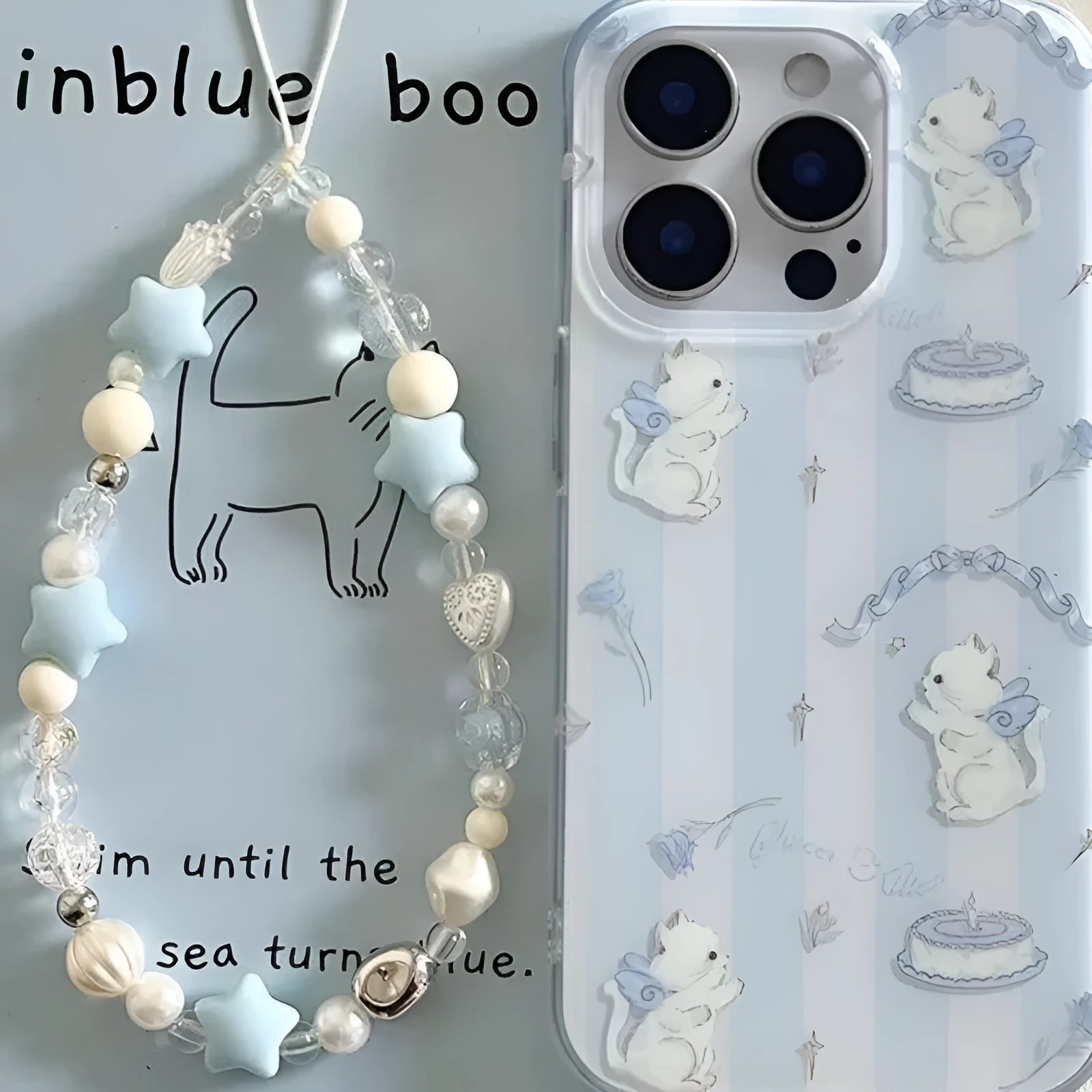 Blue and white striped PC phone case with cat lanyard for Apple iPhone, displaying fall protection design