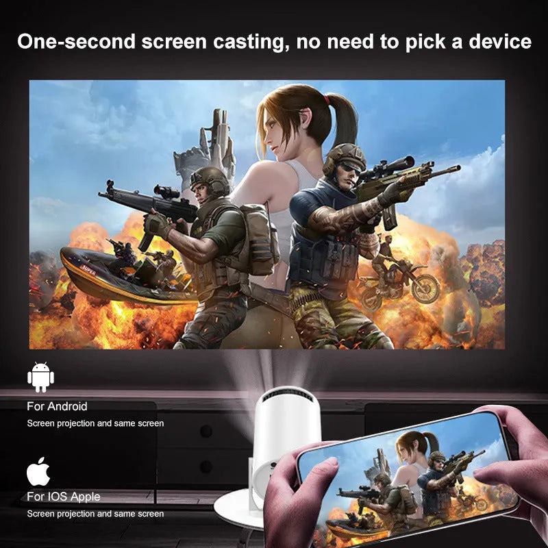 White mini wireless HD portable projector and wireless projection screen for home use.
