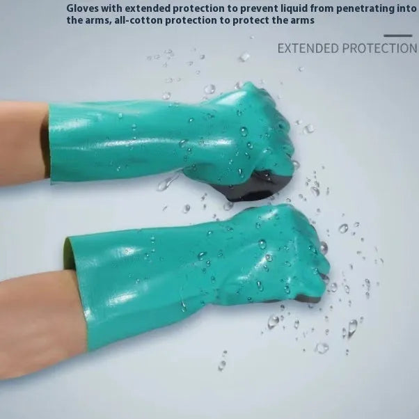 Navy blue nitrile waterproof gloves for fishing, shown in short and lengthened versions