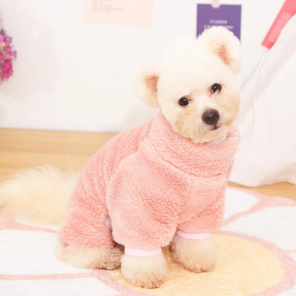 Double-sided plush dog clothes with high collar and towing ring in khaki, pink, or blue colours
