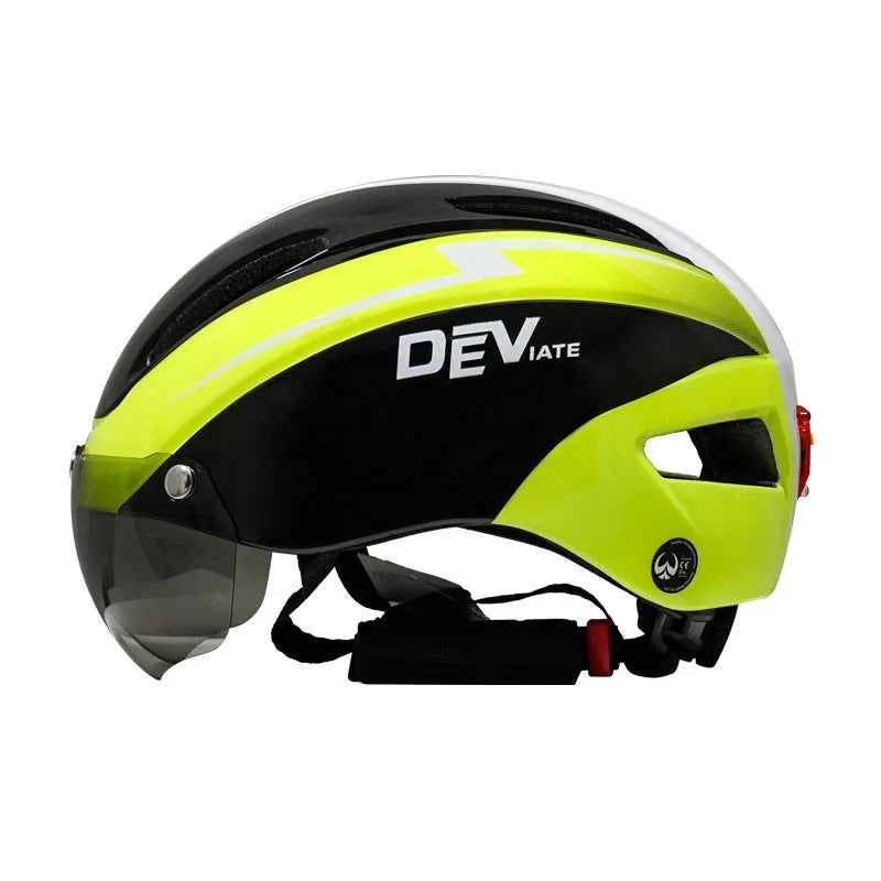 Adult bicycle helmet with integrated rear red taillight shown in a black and blue colour variant.