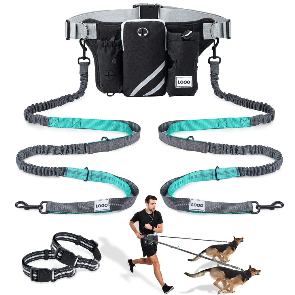 Black waterproof nylon pet training waist bag with dog leash and collar set for outdoor use