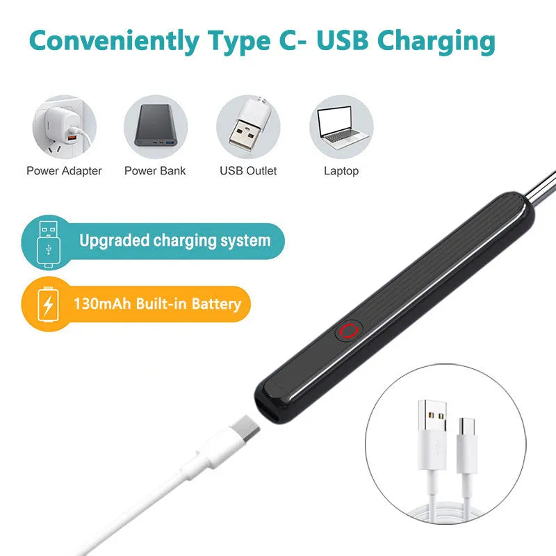 Black NE3 wireless otoscope ear cleaner with camera, Type-C cable, and four spoon heads on a white background.