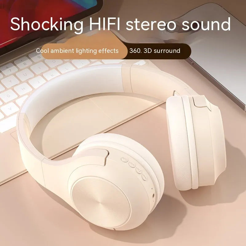 Creative design wireless Bluetooth headset in ivory white colour with a matching charging case.
