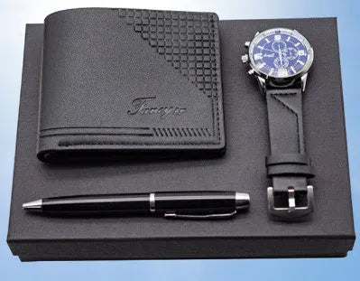 Creative holiday gift set showing wallet, pen, and watch in a brown and black modern gift box.