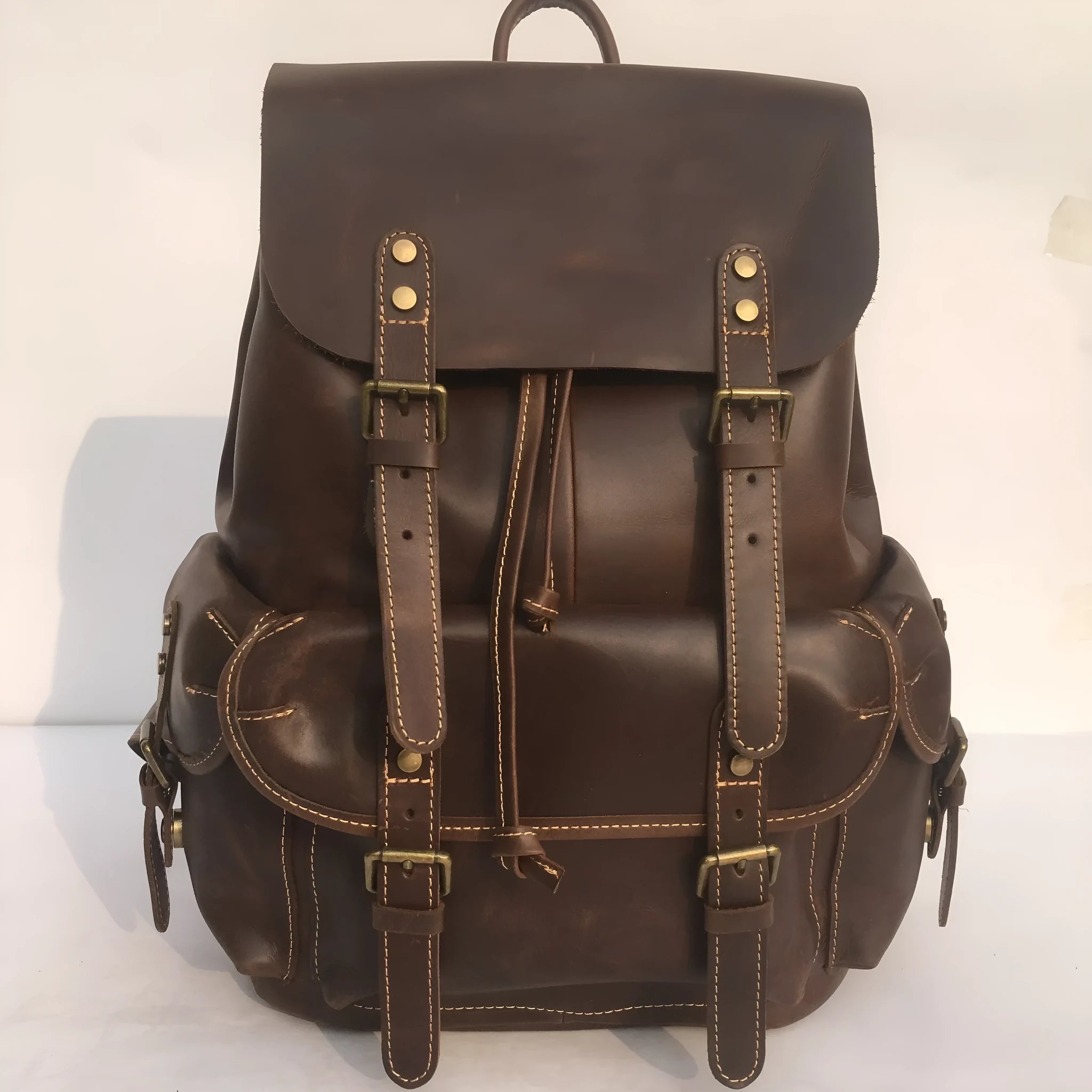 Brown genuine leather men's backpack with air pillow belt system