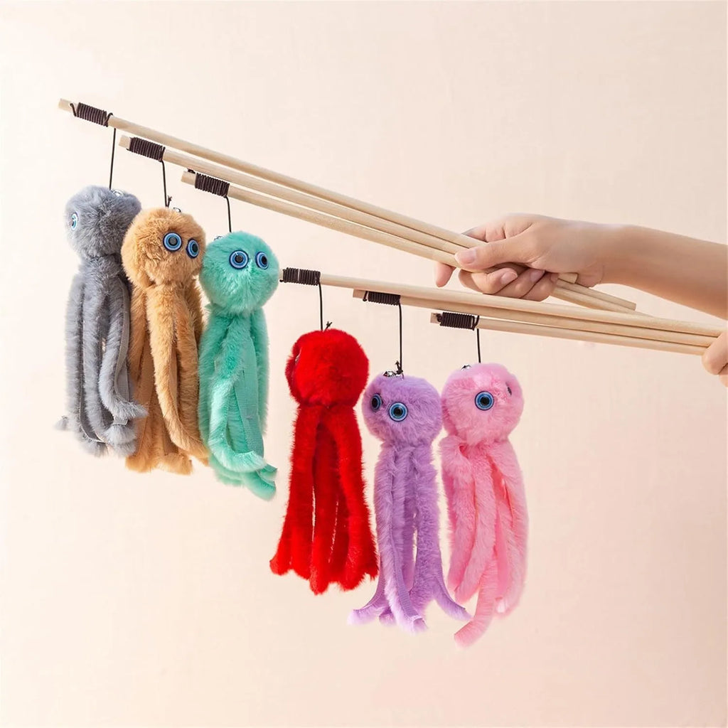 Colourful plush octopus cat toy attached to a long stick for interactive play.