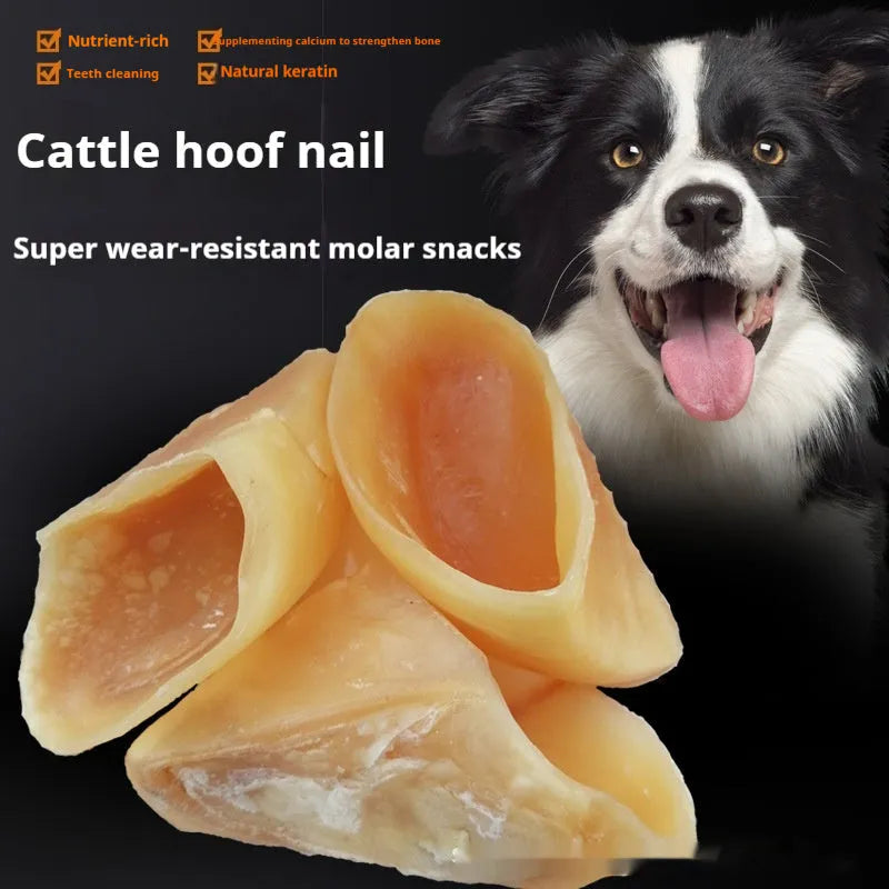Natural hoof shell coloured cowhide dog chew on a white background, shown in small and large sizes.