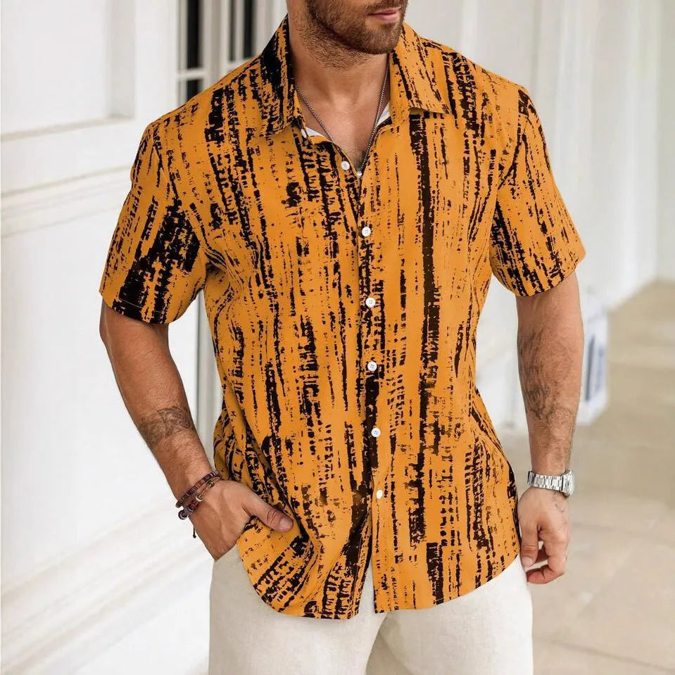 Man wearing a striped 3D digitally printed short sleeve casual shirt in light blue.