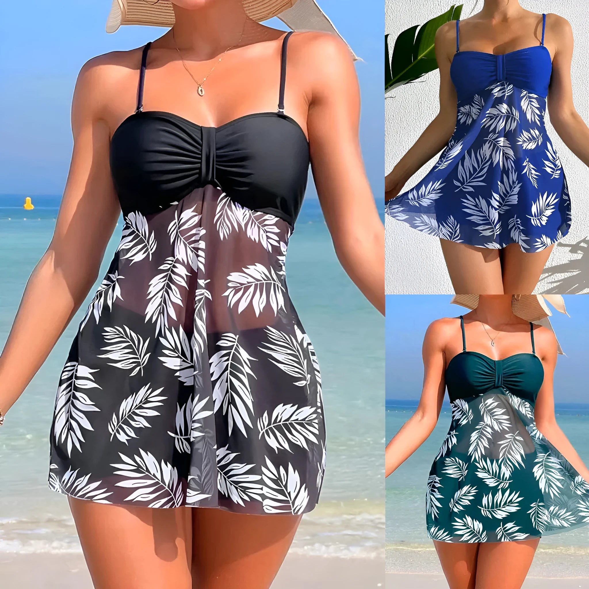 Women's high waist mesh swimsuit split boxers in black, blue, or peacock green colours on a size chart.