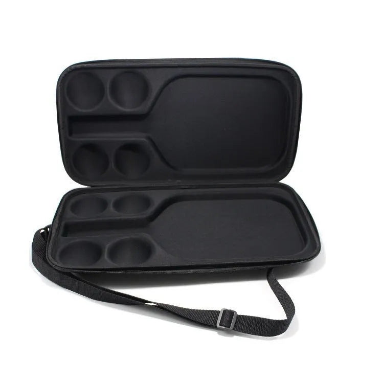 Black portable EVA storage case for a pickleball racket and balls with two shoulder straps.