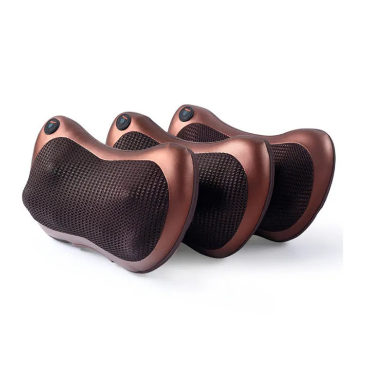 Black genuine leather neck and shoulder massage pillow with 8 massage heads, shown on a car seat.
