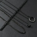 Men's black titanium steel ring buckle necklace set with three matching geometric stainless steel chains.