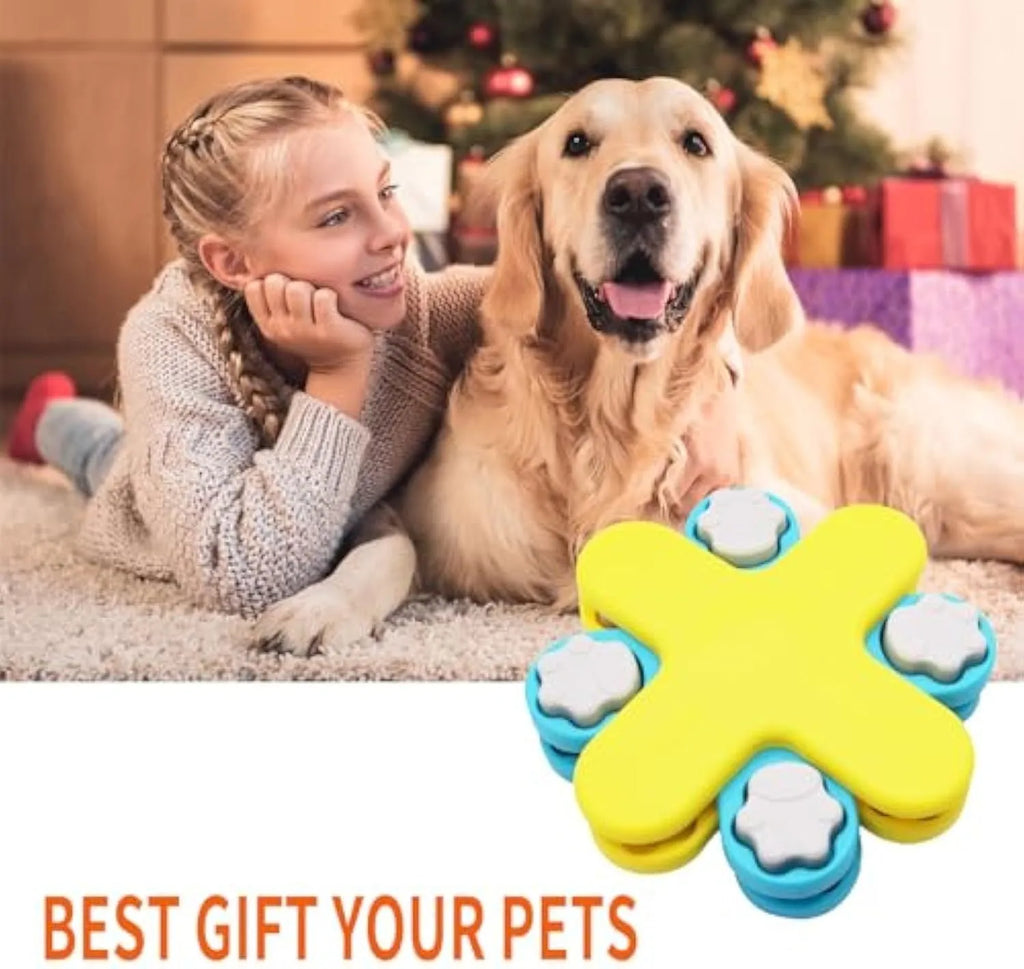 Yellow three-layer rotating dog puzzle feeder toy with non-slip base