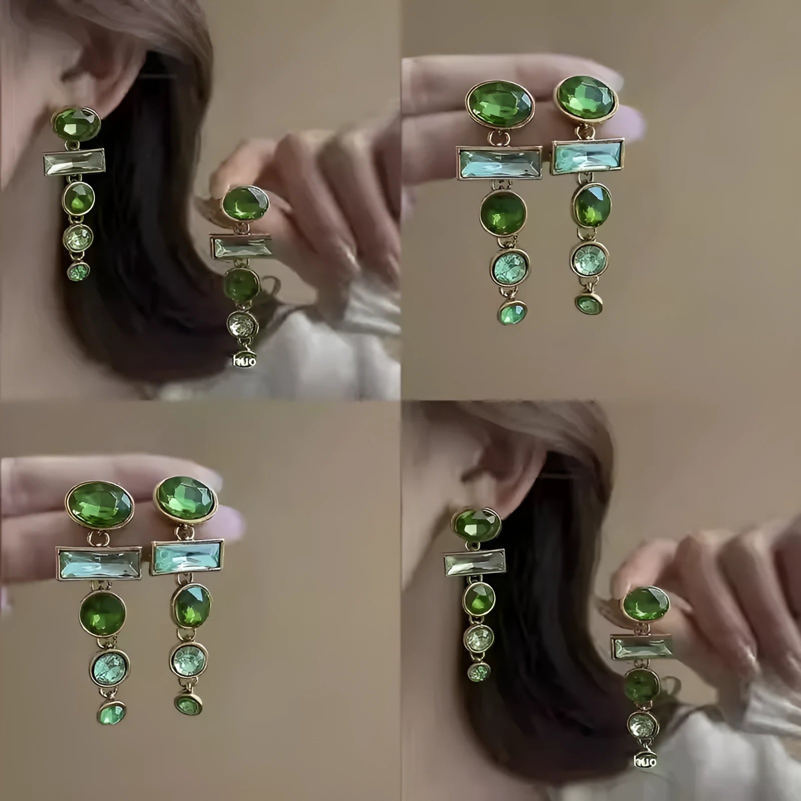 A pair of green gradient tassel earrings with a geometric shape and inlaid zircon detail.