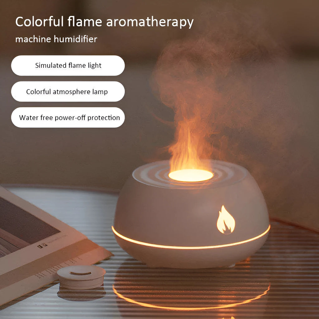 Black flame humidifier aroma diffuser with 130ml tank, 7 colour lights, and USB power on a wooden table