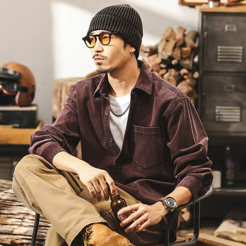 Men's loose fit corduroy shirt jacket in cotton fabric available in black or red