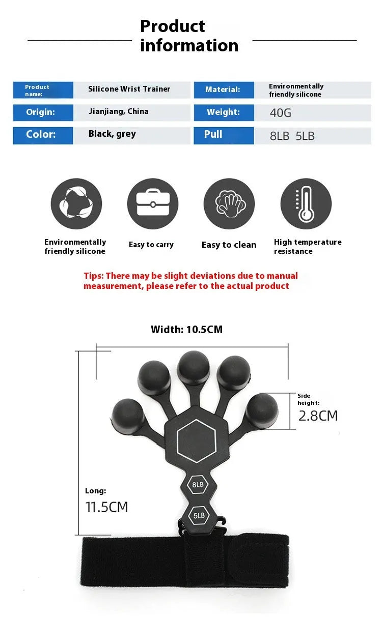 Grey and black silicone hand trainer brace for five-finger rehabilitation and strength training