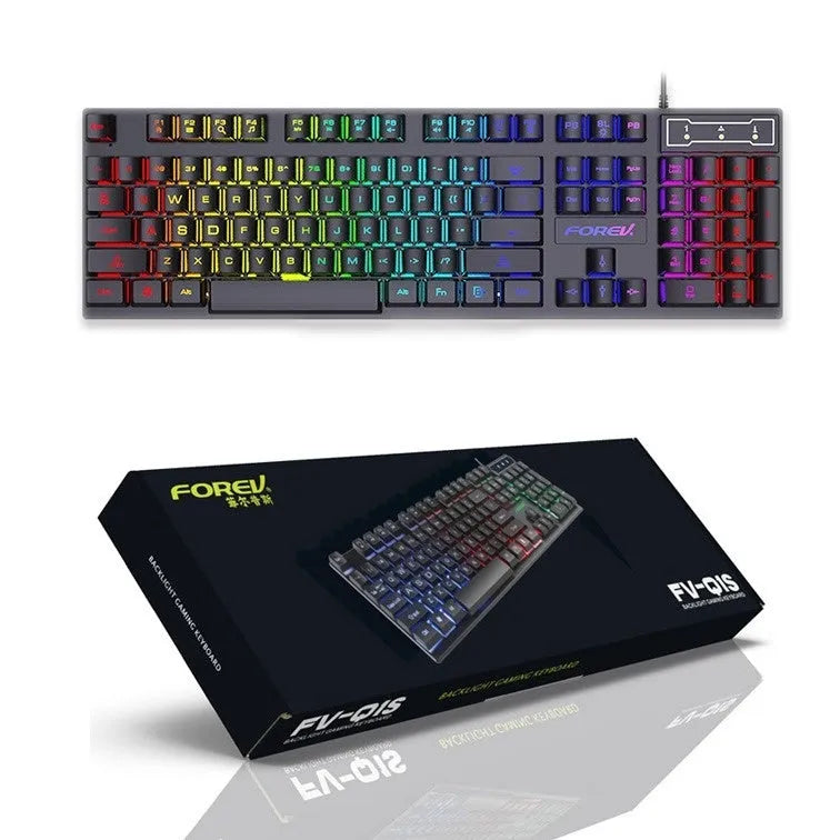FV-Q1 wired luminous keyboard with six-colour backlight on a desk, connected to a computer