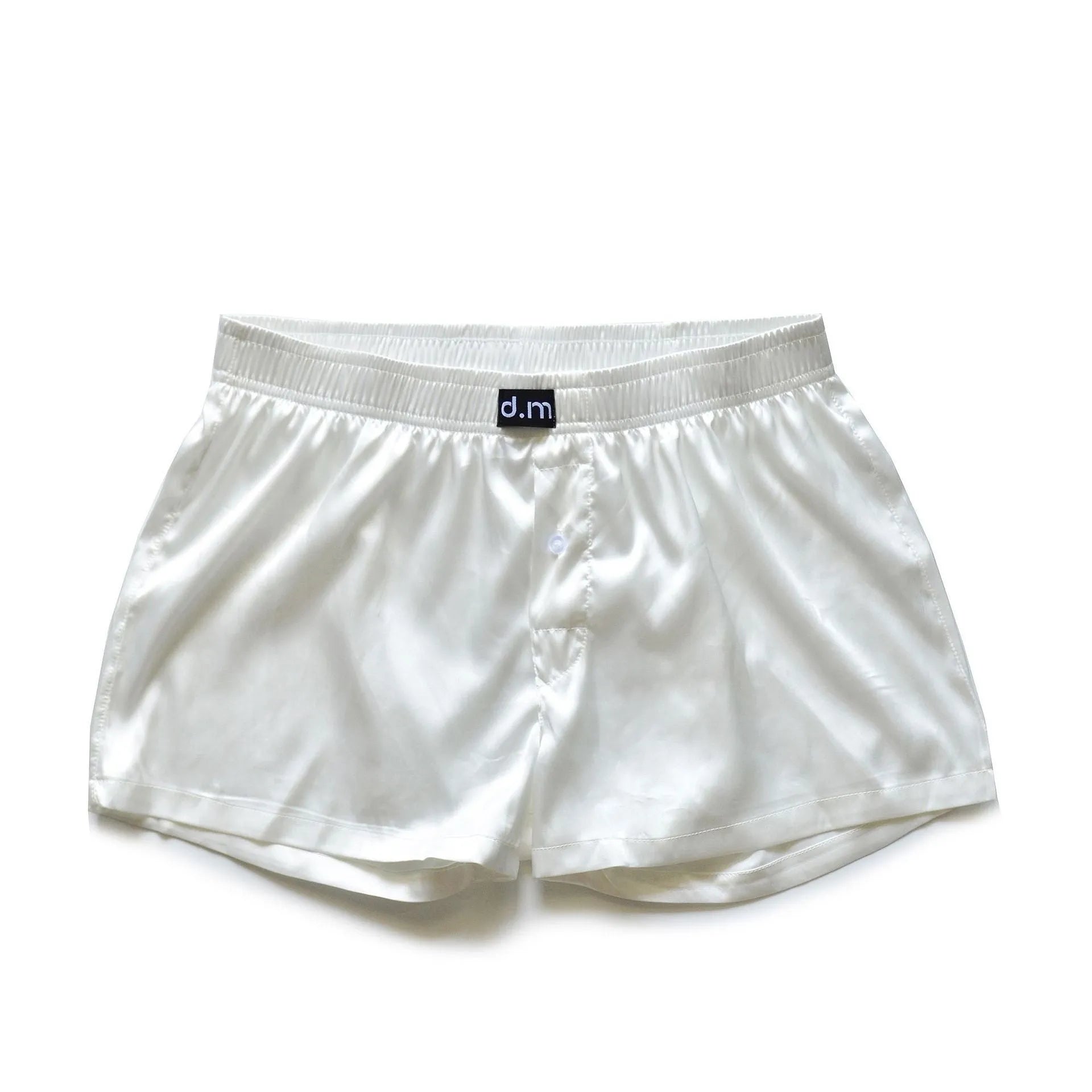 Men's silky polyester low waist boxer pajama shorts in five colours: black brown, light purple, milk coffee, navy blue, white; sizes M to XXL